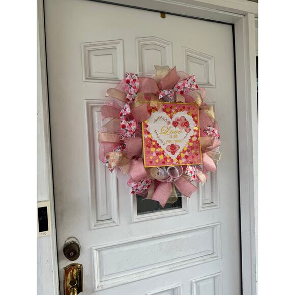 Love is All You Need Valentines Day Heart and Roses Spring Wreath Door Hanger - Picture 6 of 7
